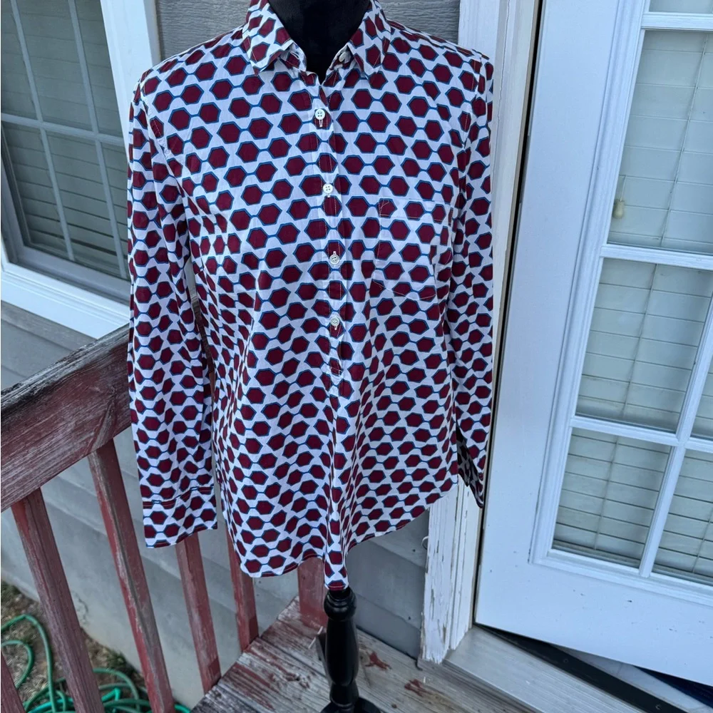 J.Crew Women’s Cotton Shirt Maroon White Navy‎ Long Sleeve Pull Over Half Button